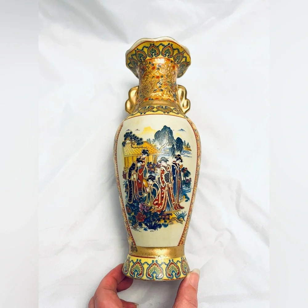 Japanese Satsuma-Style Porcelain Vase, Peacock with Moriage, Vintage EUC